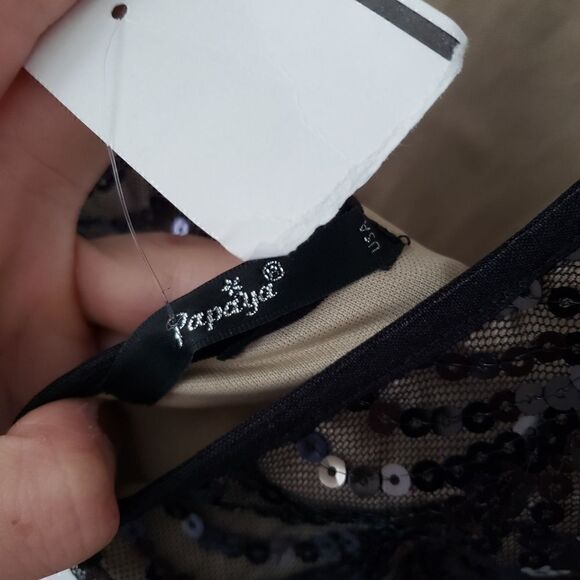 FINAL SALE Papaya Black Sequin Mini Dress Nude Lining S Art Deco - Picture 6 of 8